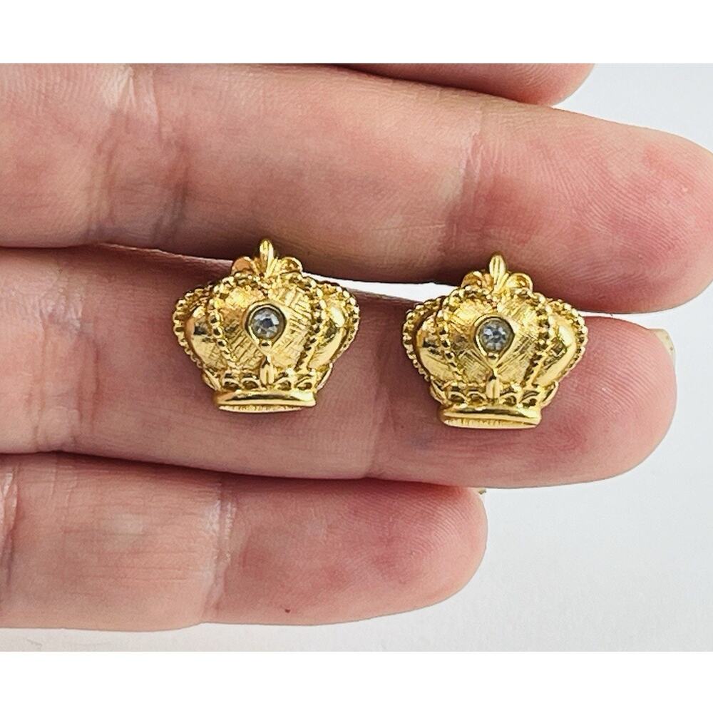 Vintage Avon Crystal Rhinestone Crown Gold Tone Earrings Napier Royal Style Prin